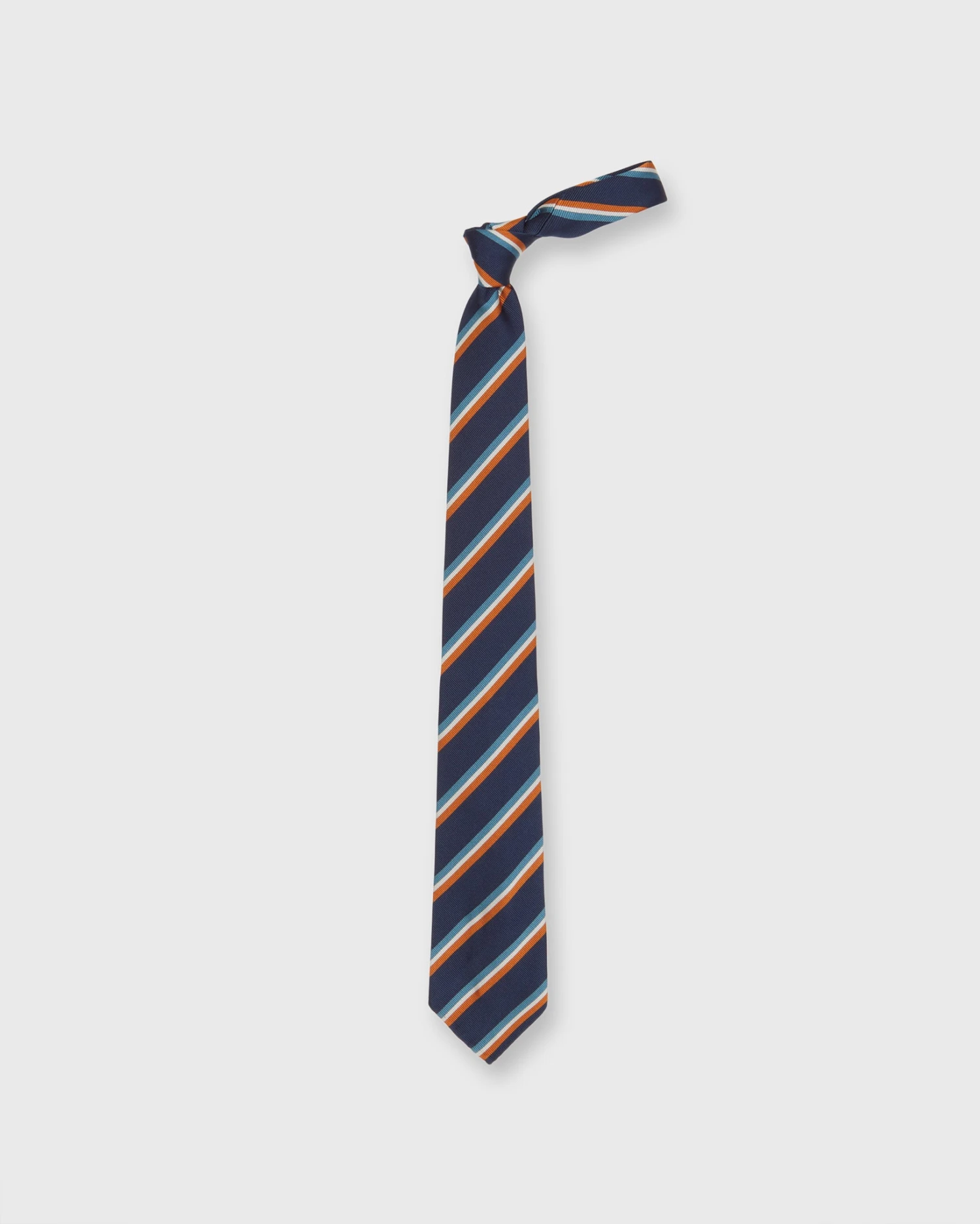 Silk Woven Tie In Navy/Orange/Lovat Stripe 3 Silk Woven Tie In Navy/Orange/Lovat Stripe - Image 3