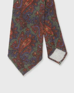 Wool Print Tie In Hunter Green/Blue Paisley