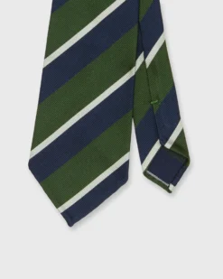 Silk Woven Tie In Navy/Green/Bone Stripe