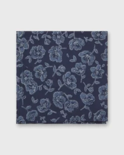 Cotton Print Pocket Square In Navy/Slate/Grey Floral Print Poplin
