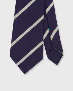 Silk Woven Tie In Navy/Bone Bar Stripe