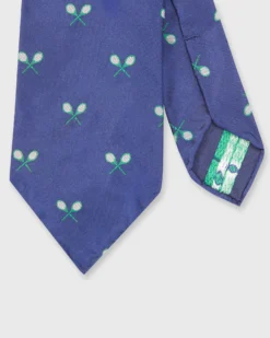 Silk Woven Tie In Navy/Green/White Racquet